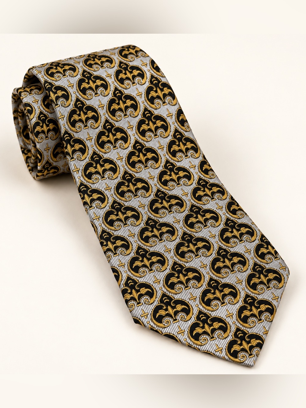 Vintage Gianni Versace Tie Black Gold Silver Baroque Print 57.5"